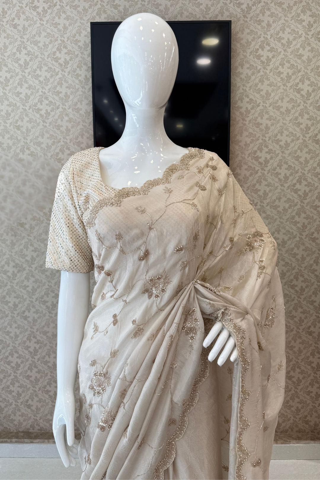 Beige Party Wear Saree with Sequins, Beads Border and Floral Motif Embroidery