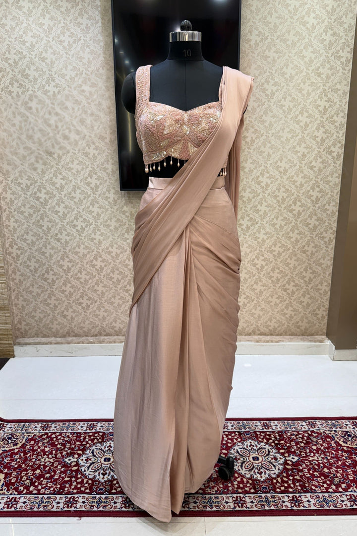 Beige Readymade Saree with Beads, Sequins and Pearl work Readymade Blouse
