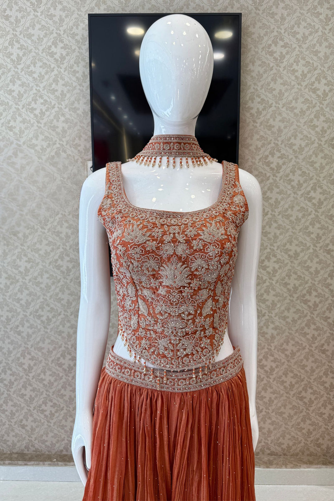 Rust Zari Thread, Stone and Beads work Palazzo Set with Corset Top