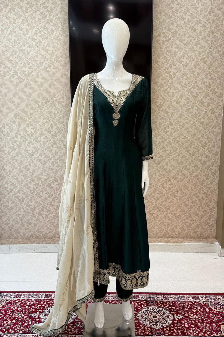 Bottle Green Sequins and Zari work A-line Cut Salwar Suit