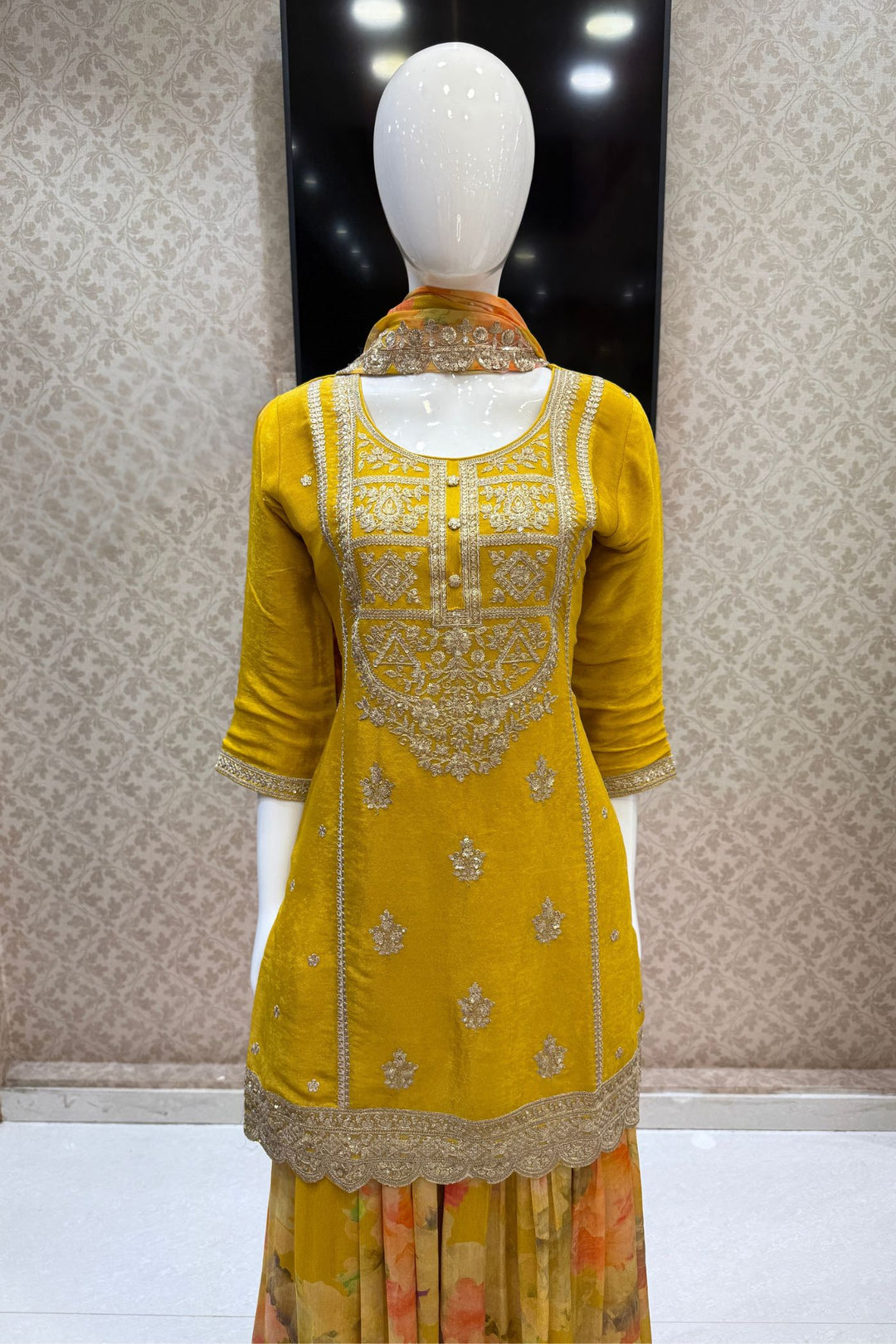Yellow Zari and Sequins work with Digital Print Palazzo Salwar Suit