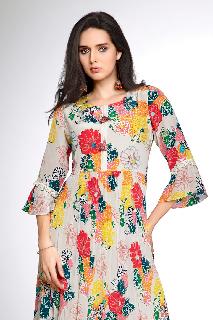 Beige Beads, Thread and Sequins work with Floral Print Anarkali Styled Long Kurti