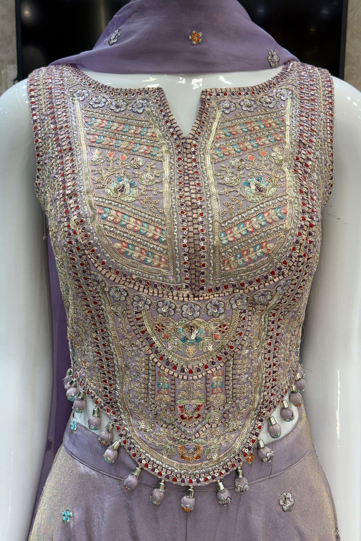 Lavender Zari, Sequins and Multicolor Thread work Palazzo Suit Set