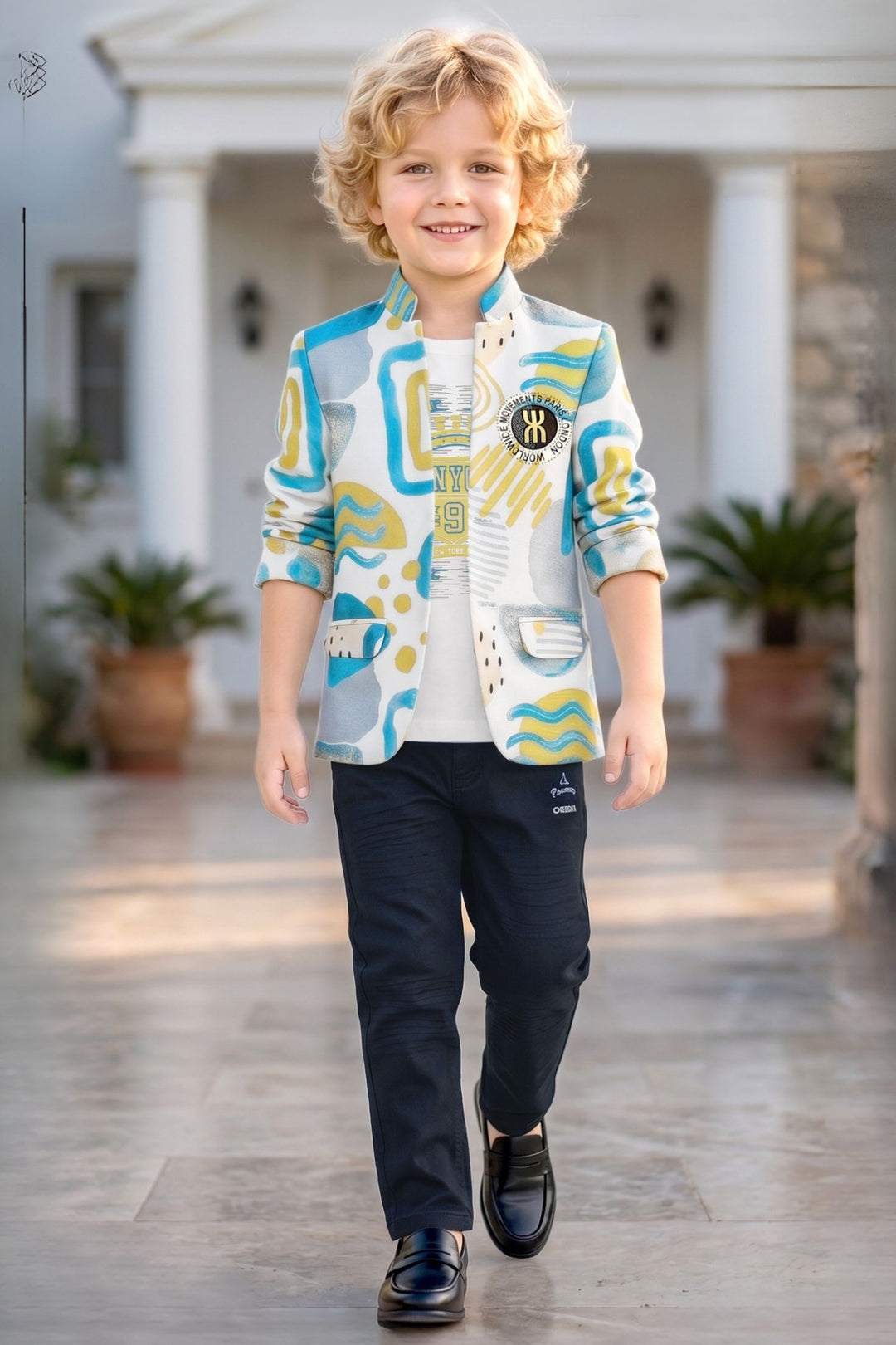 Cream Boys Printed Blazer Set with Cream T-Shirt and Navy Blue Pants