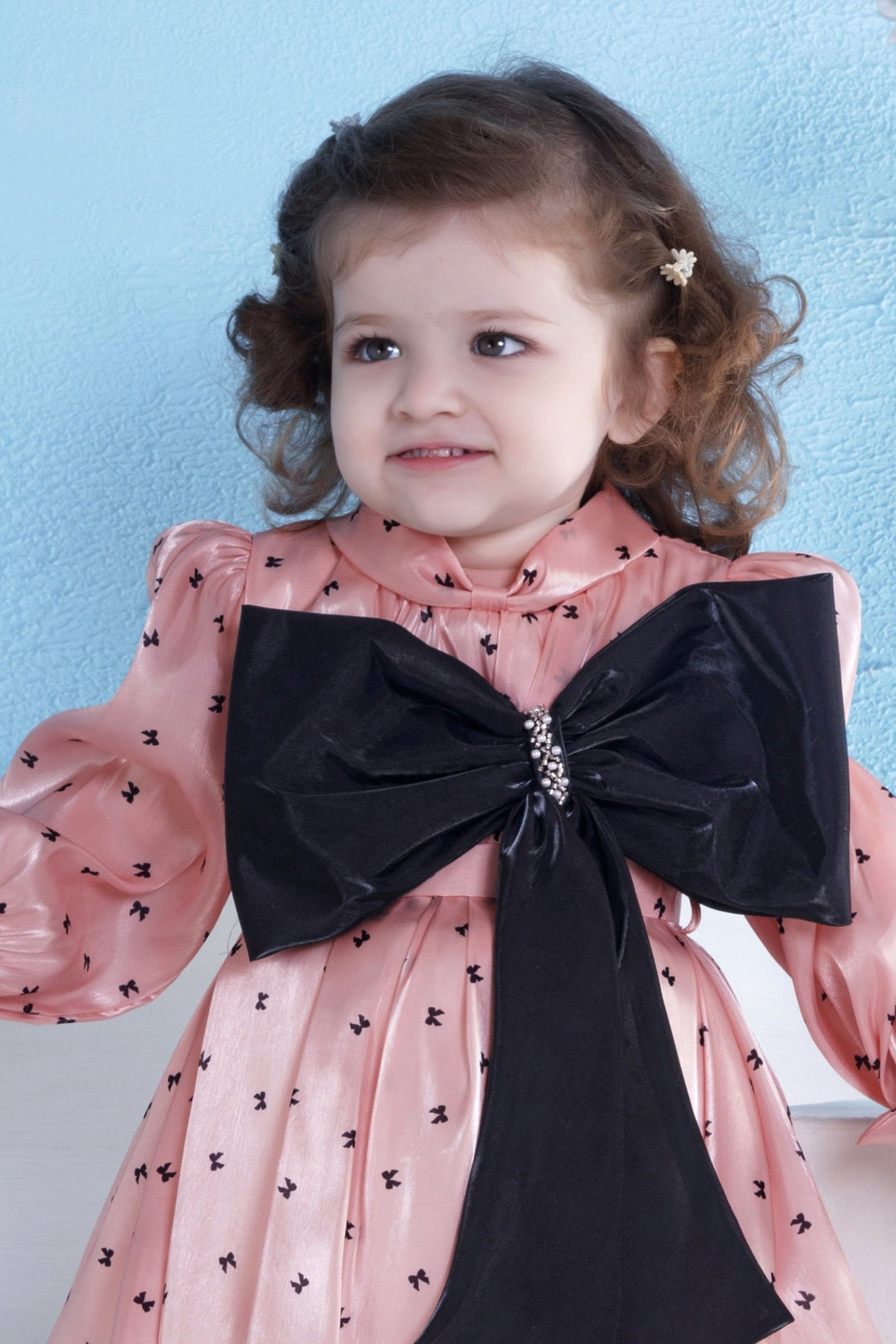 Peach with Black Printed Partywear Short Frock for Girls