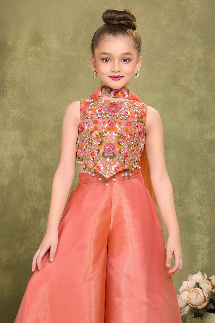Orange Pearl, Sequins, Beads and Multicolor Embroidery work Palazzo Suit Set for Girls