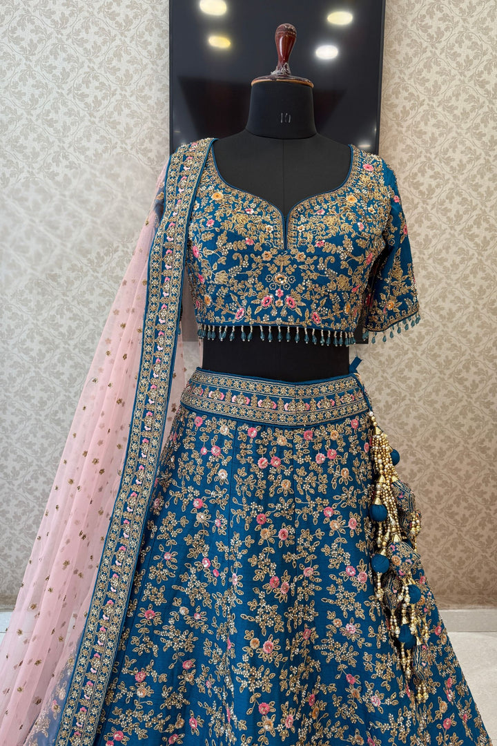 Rama Blue Bridal Lehenga with Pink Dupatta and Stone, Pearl and Zari work work
