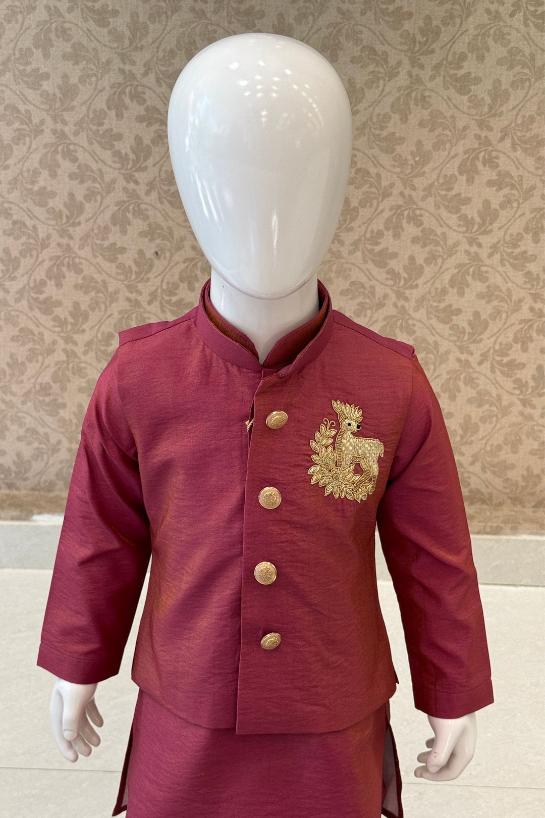 Onion Pink Zardozi work Waist Coat Kurta Set for Boys