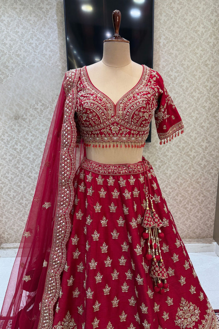 Maroon Beads, Zari, Zardozi and Sequins work Crop Top Designer Bridal Lehenga with Belt