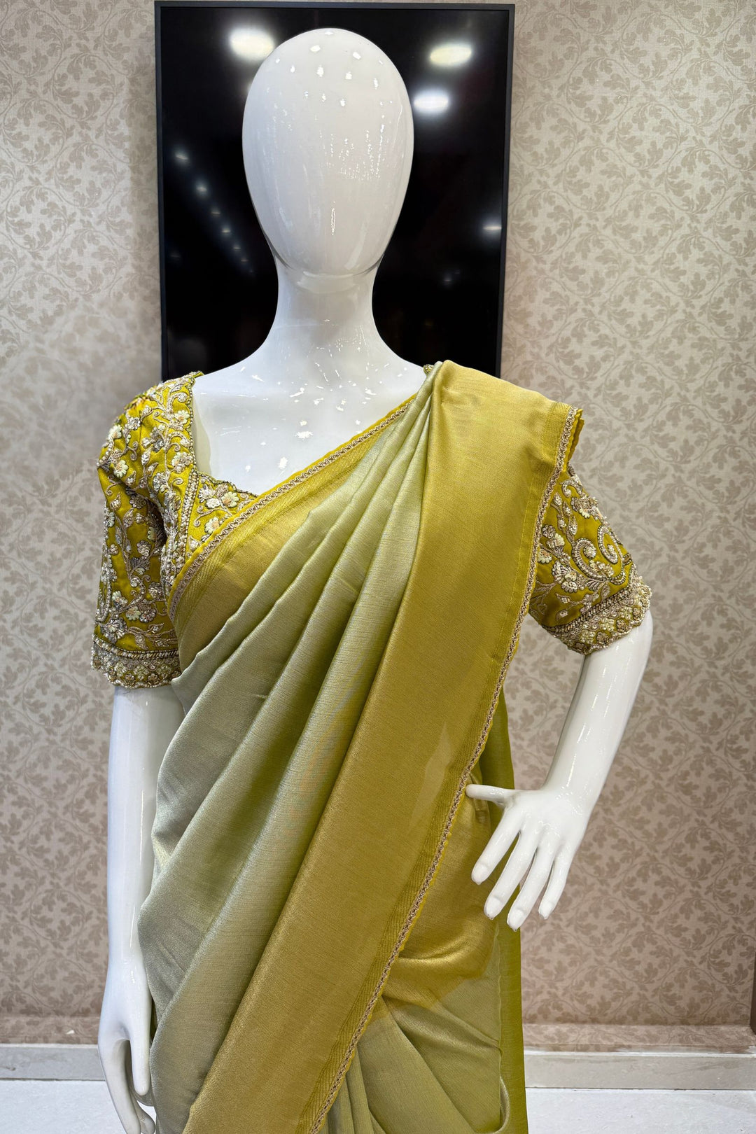 Pista Green Saree with Beads, Sequins, Zardozi and Zari work Readymade Blouse