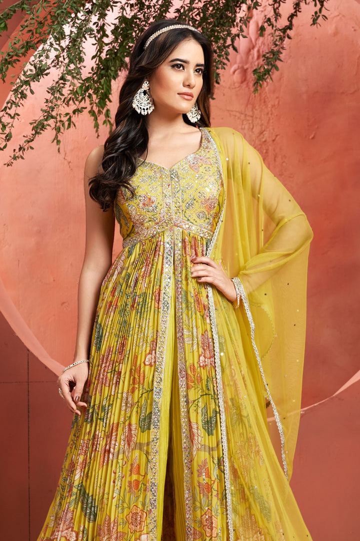 Green Sequins and Zari work with Digital Print Salwar Suit with Palazzo Pants