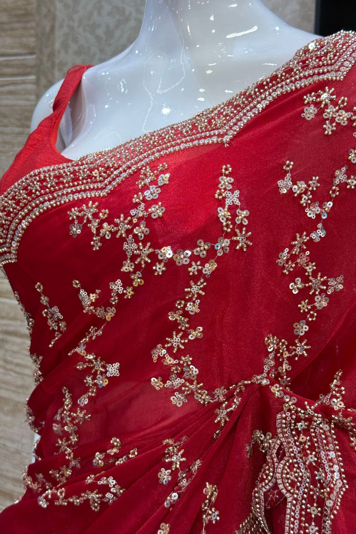 Red Saree with Intricate Zari, Sequin and Beads work