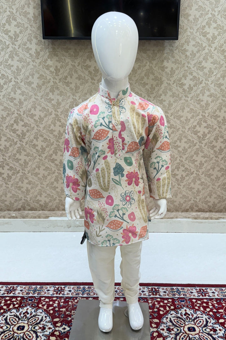 Cream with Multicolor Digital Print Kurta Set for Boys