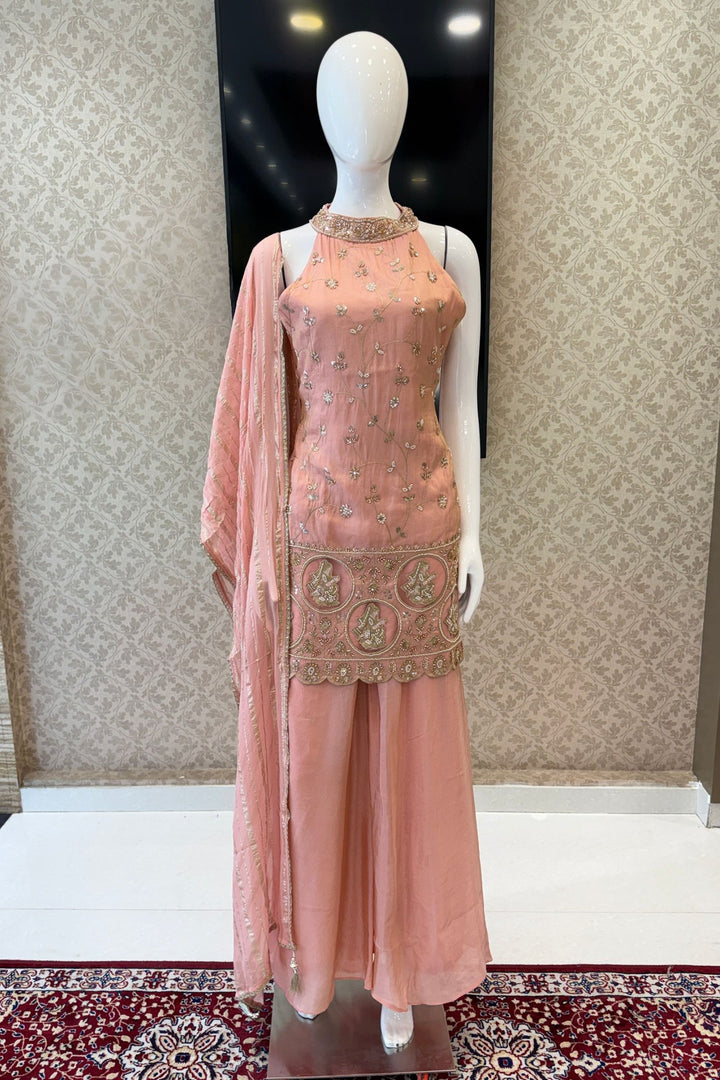 Peach Zari, Sequins and Beads work Palazzo Salwar Suit