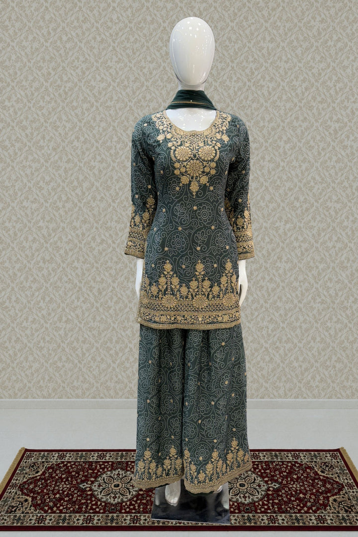 Green Zari and Sequins work with Bandini Print Palazzo Salwar Suit