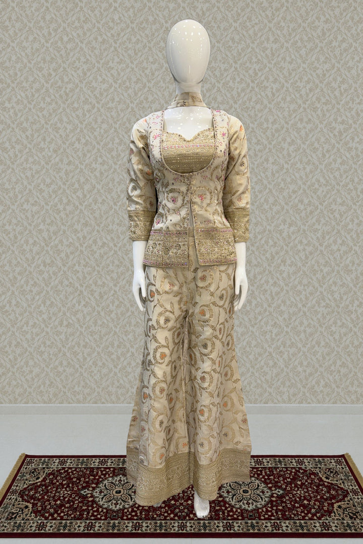 Cream Palazzo Set with Beads, Sequins and Zari work with Choker Dupatta