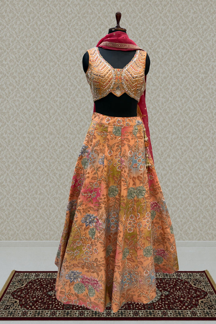 Peach Mirror, Beads, Zari and Sequins work with Floral Print Crop Top Lehenga
