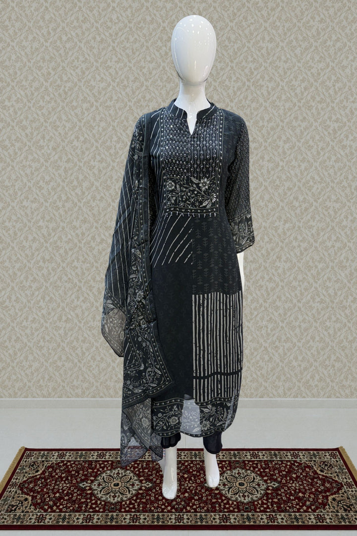 Black Beads and Sequins work with Digital Print Straight Cut Salwar Suit