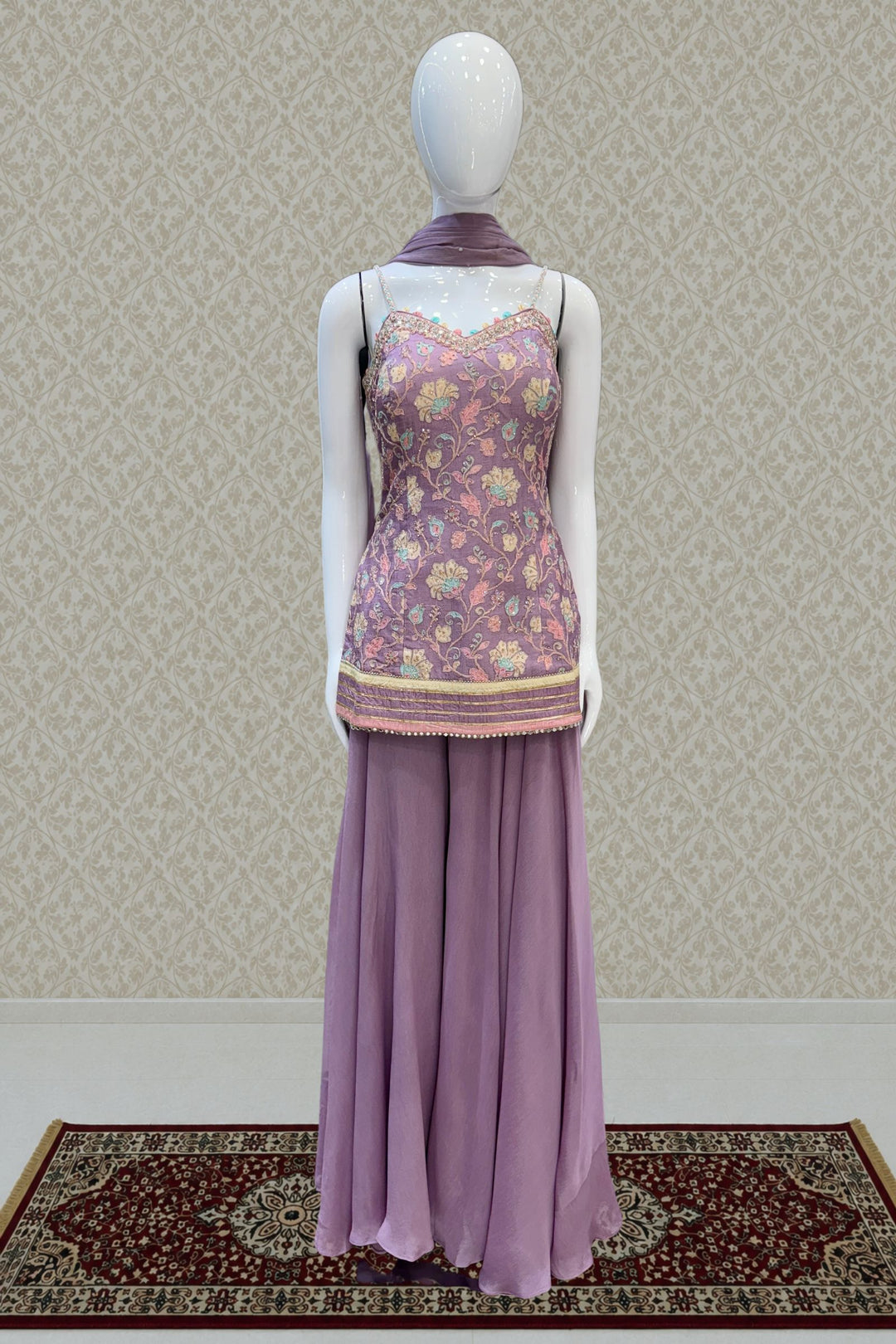 Lavender Zardozi, Mirror and Beads work with Multicolor Digital Print Palazzo Salwar Suit