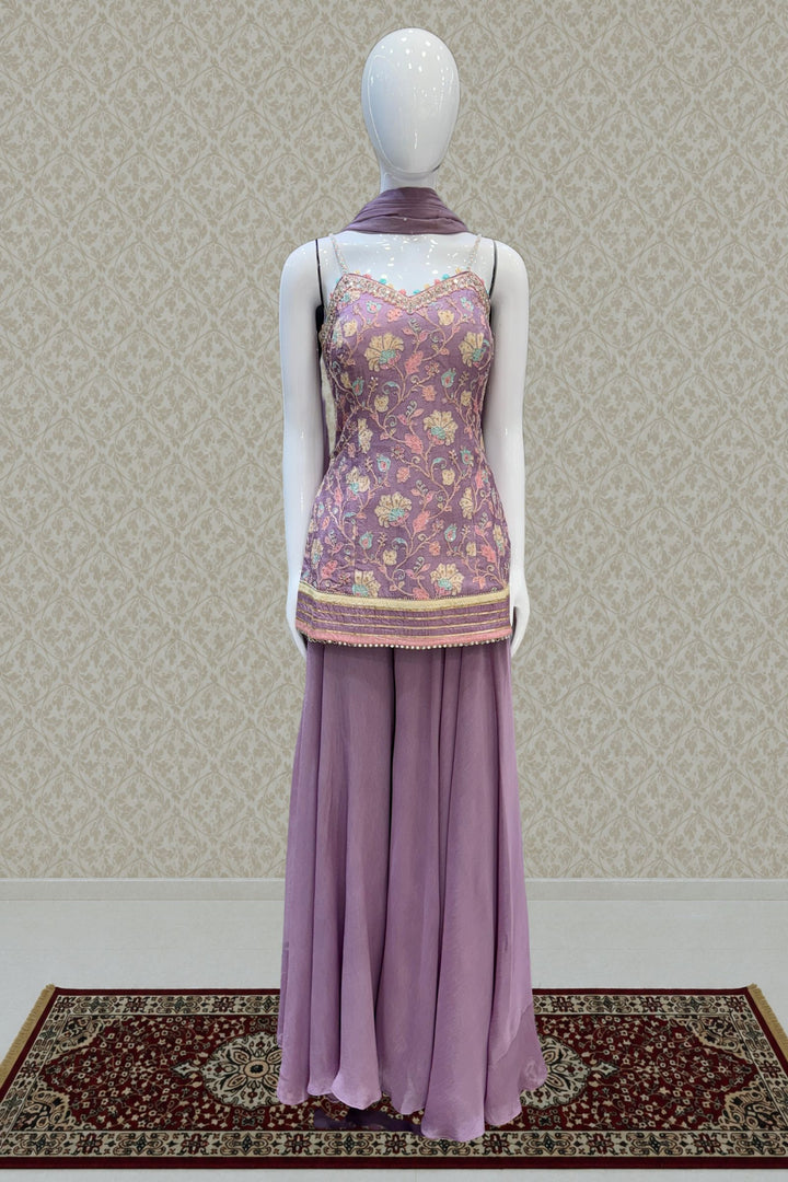 Lavender Zardozi, Mirror and Beads work with Multicolor Digital Print Palazzo Salwar Suit