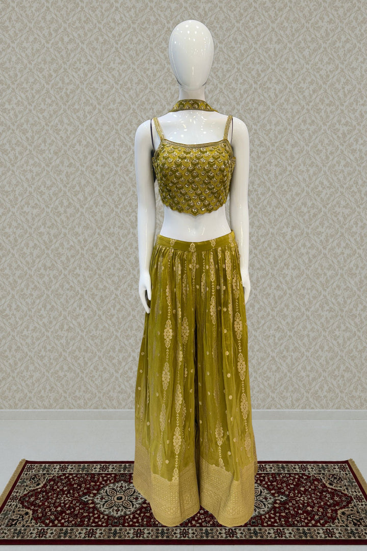 Olive Green Zardozi, Sequins, Banaras and Embroidery work Crop Top with Palazzo Pant
