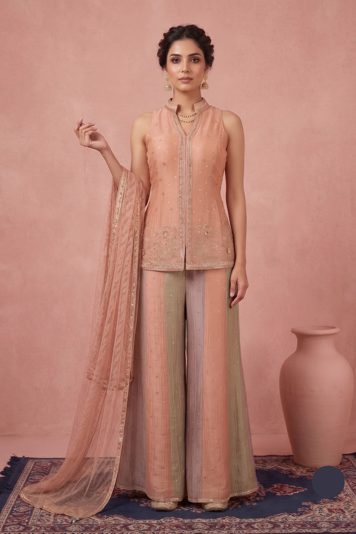 Peach Halter Neck Palazzo Salwar Suit with Zardozi, Beads, Sequins and Zari Detailing