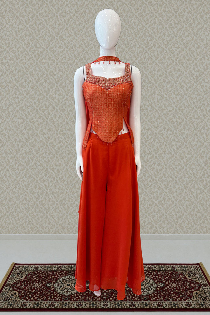 Orange Banaras, Stone, Mirror and Beads work Palazzo Suit Set