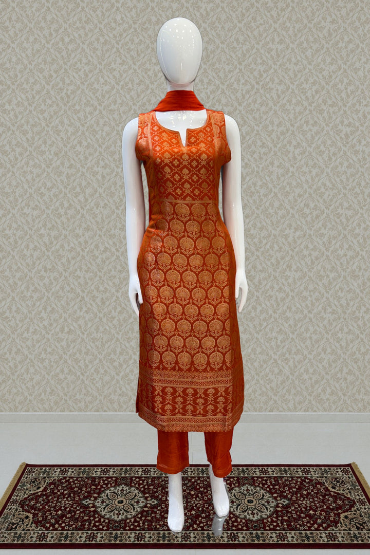 Orange Banaras work Straight Cut Salwar Suit