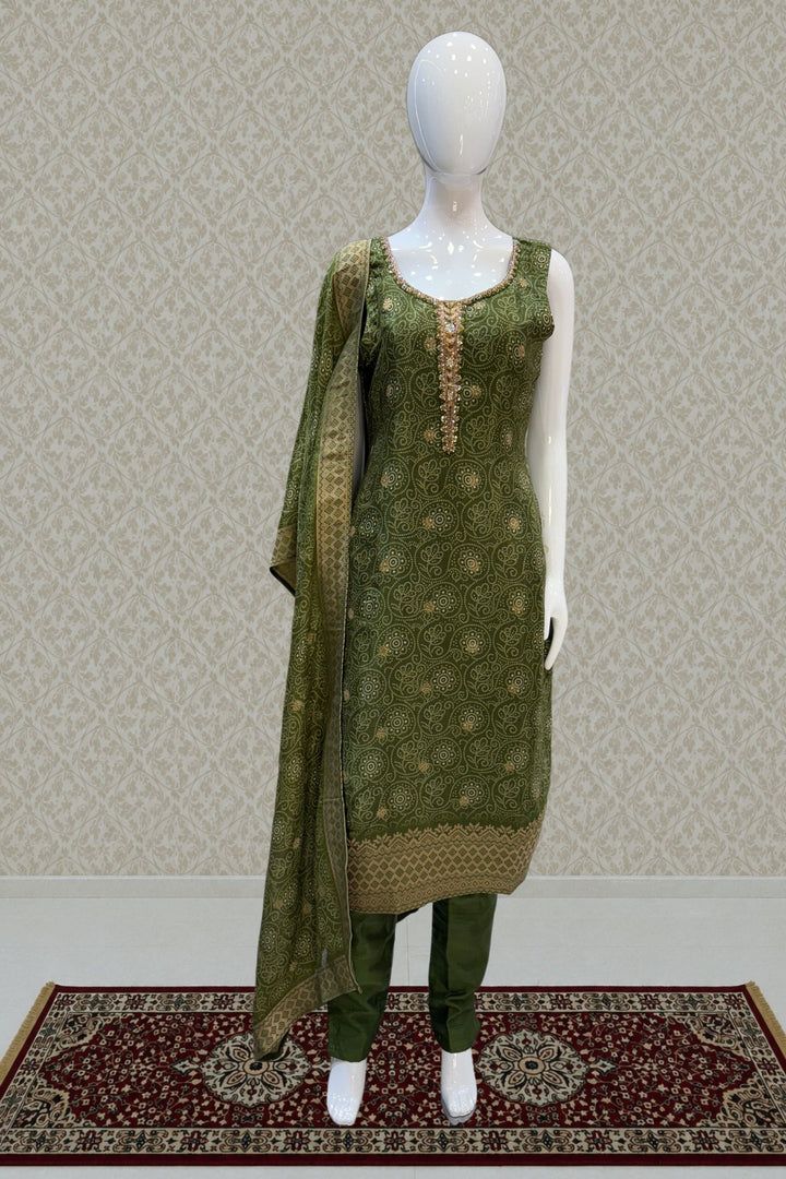 Mehendi Green Zari Weaving and Banaras work with Bandini Print Straight Cut Salwar Suit