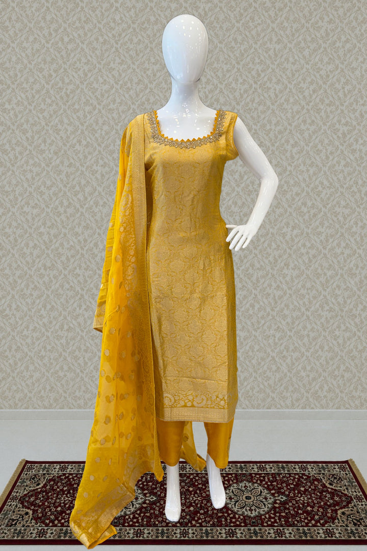 Yellow Beads, Mirror, Stone, Banaras and Brocade work Straight Cut Salwar Suit
