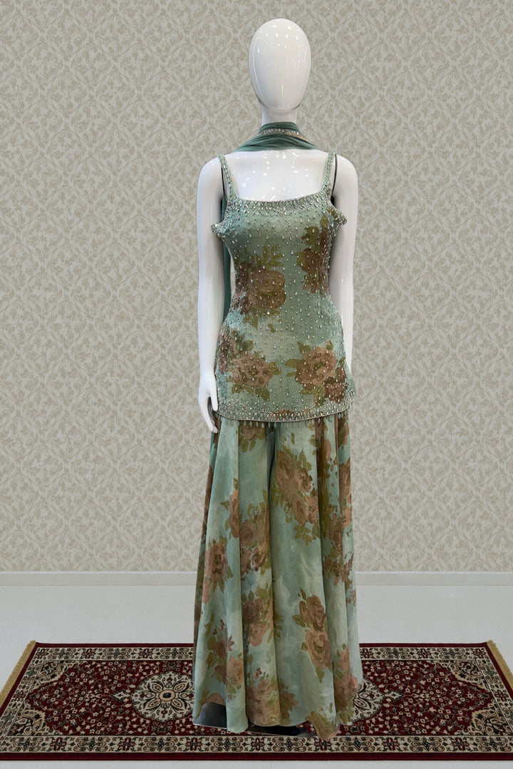 Sea Green Floral Print Top and Flared Palazzo Set with Kundan and Beads work