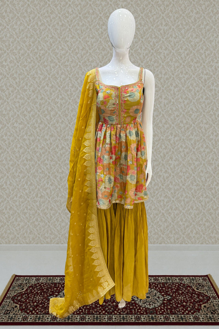 Mustard Mirror, Sequins and Thread work with Digital Print Peplum Top with Palazzo Suit Set
