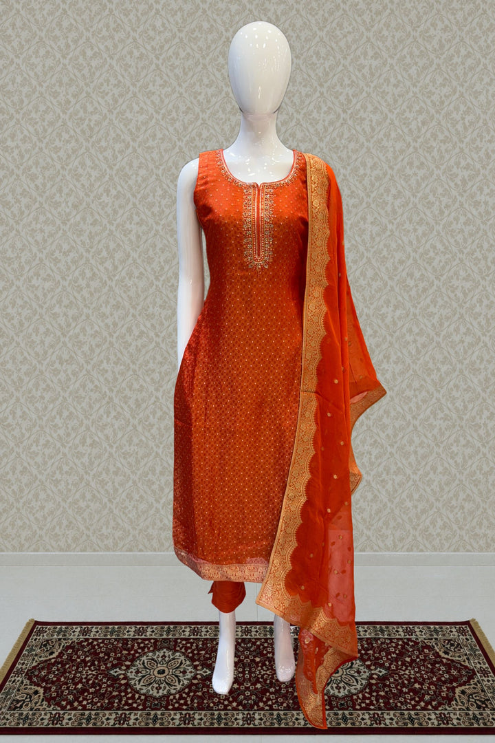 Orange Banaras, Zardozi, Mirror, Stone and Sequins work Straight Cut Salwar Suit