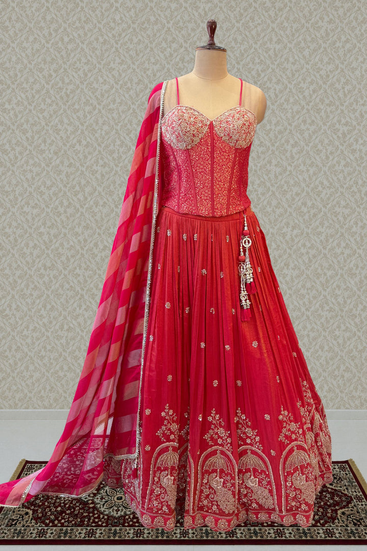 Rani Pink Brocade, Beads, Zardozi and Sequins work Corset Top with Lehenga