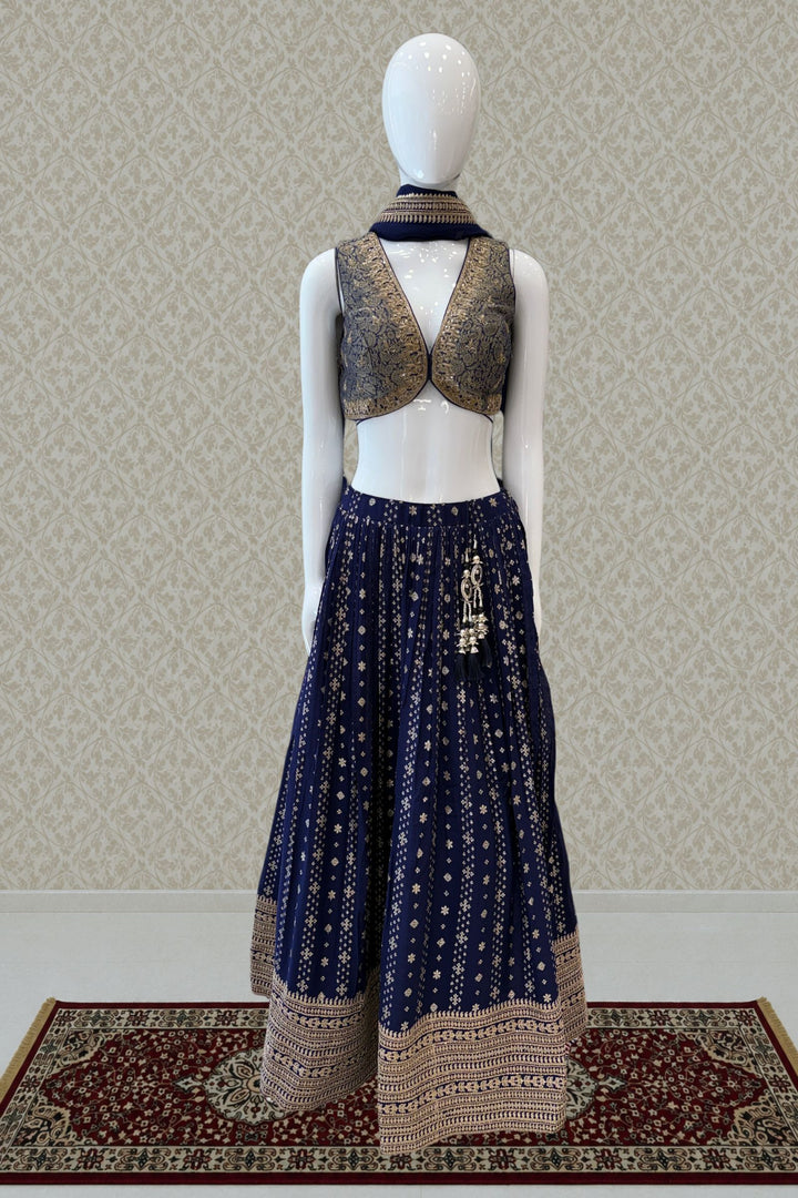 Royal Blue Brocade, Beads, Zari, Zardozi and Sequins work Crop Top Lehenga