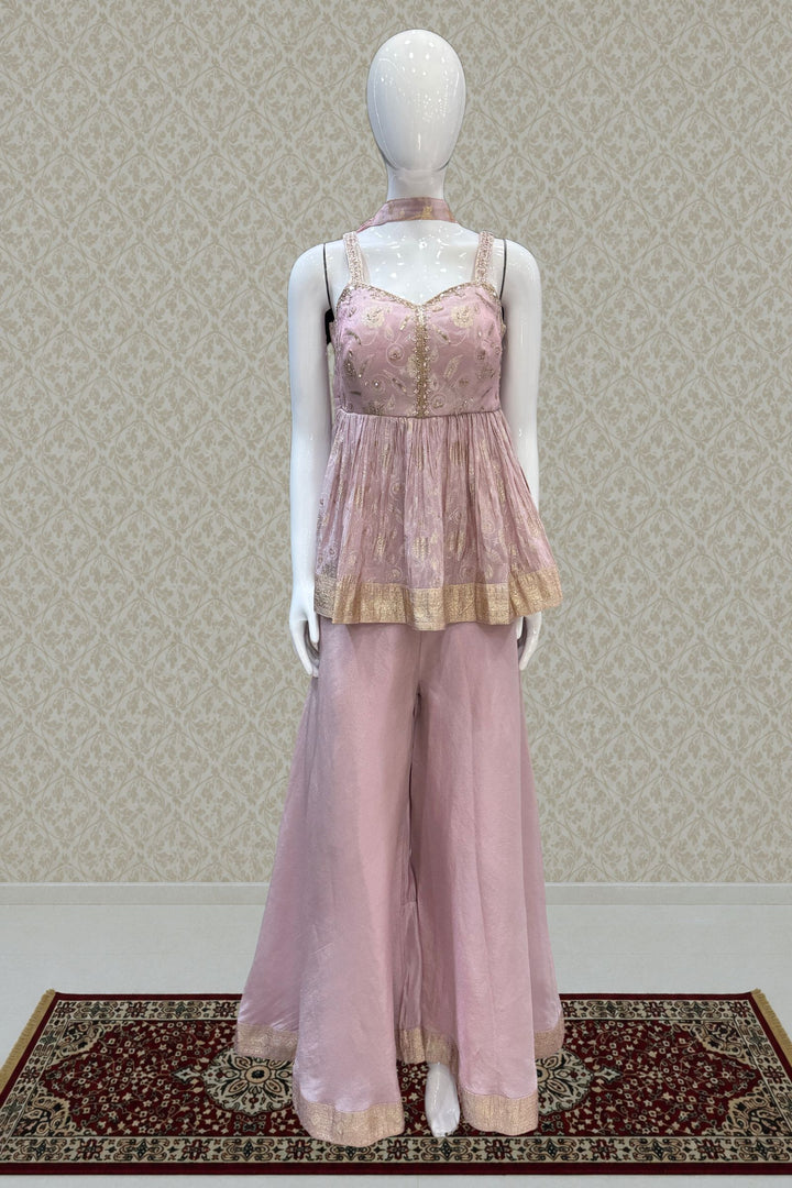 Baby Pink Banaras, Beads, Zardozi, Stone and Mirror work Peplum Top with Palazzo Suit Set