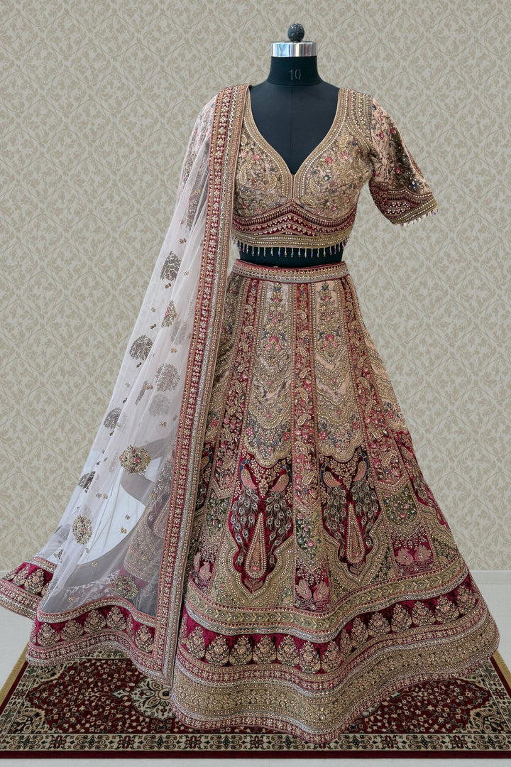 Maroon with Chiku Sequins, Beads, Zari and Stone work Crop Top Designer Bridal Lehenga
