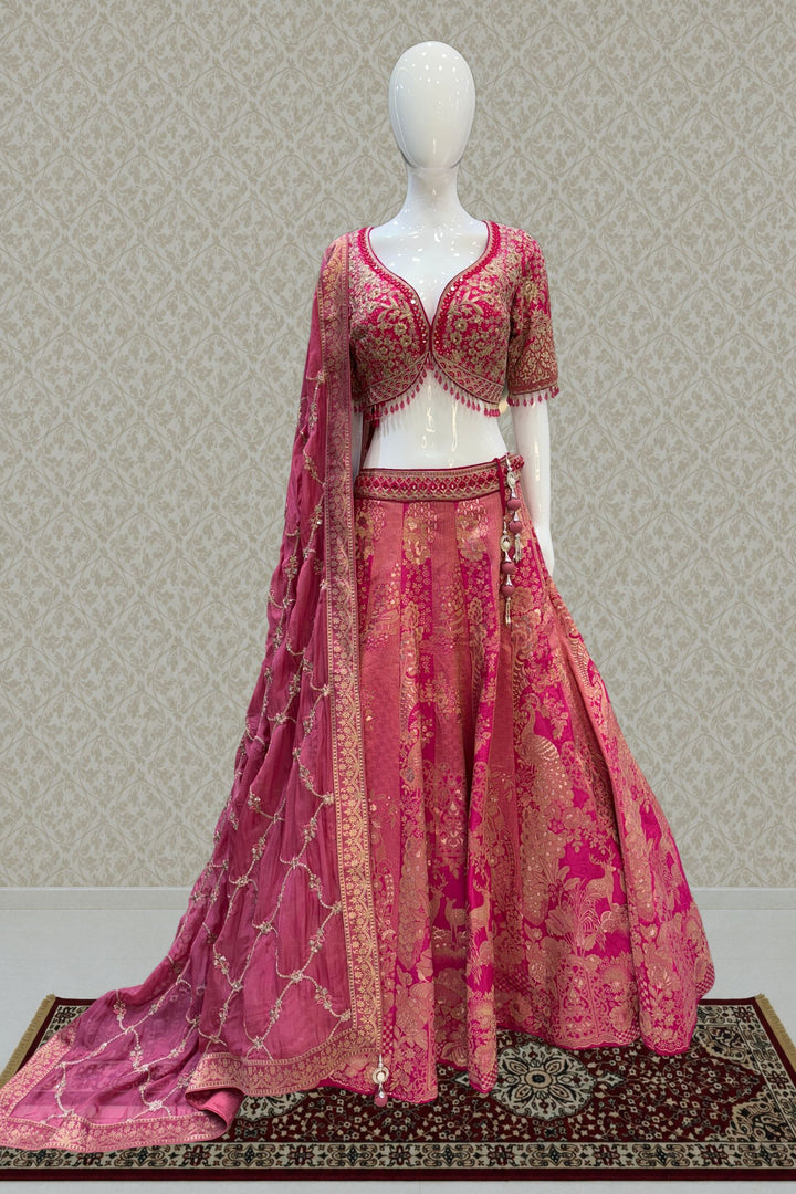 Rani Pink Zari, Sequins, Mirror, Beads and Banaras work Crop Top Bridal Lehenga