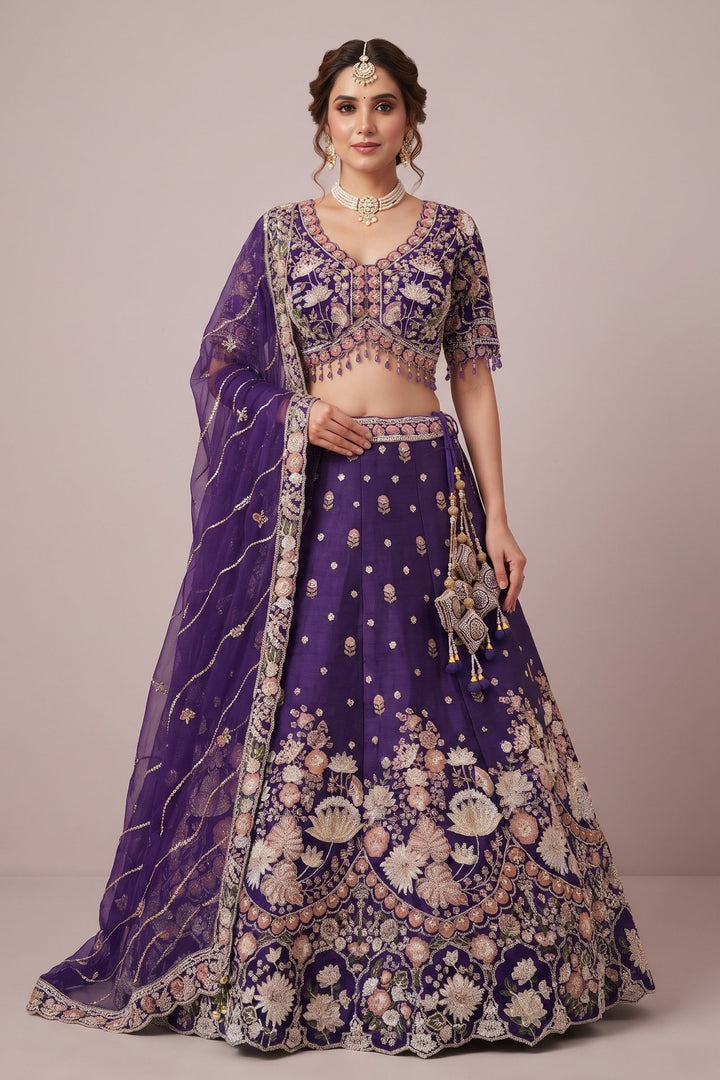 Purple Bridal Lehenga Set with Intricate Zari, Sequins, Beads and Floral Embroidery