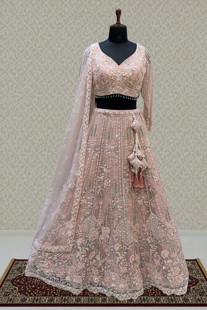 Baby Pink Sequins, Beads and Zari Thread work Crop Top Designer Bridal Lehenga