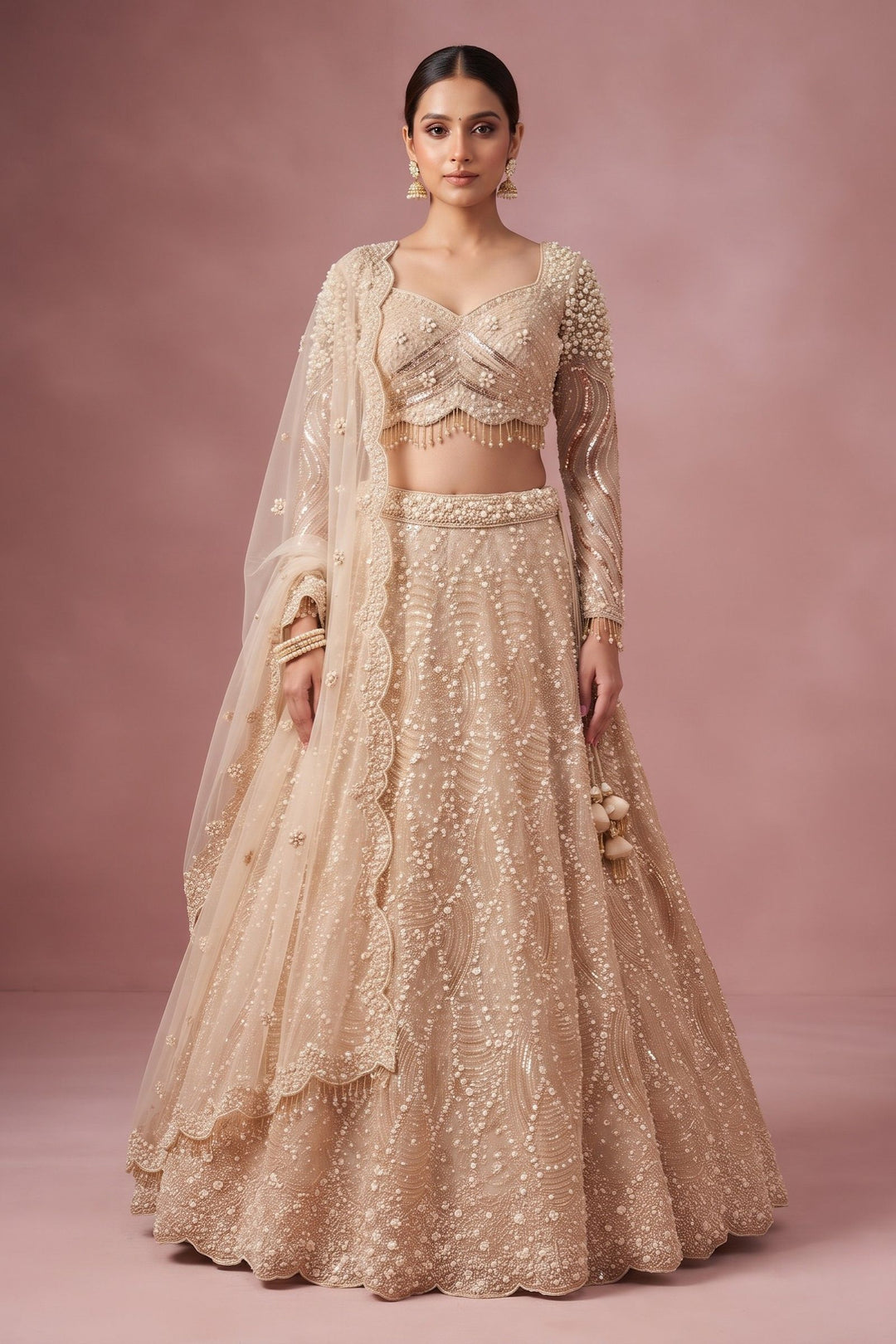 Beige Bridal Lehenga with Intricate Beads, Pearl and Sequins Work