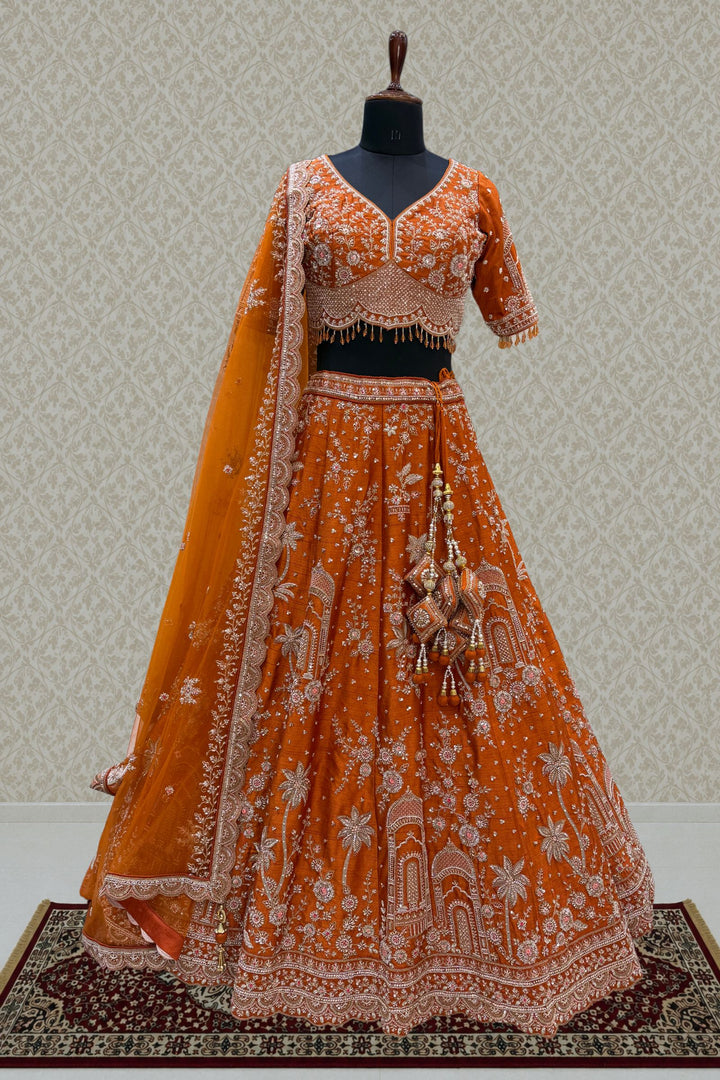 Orange Royal Heritage Motif Wedding Lehenga