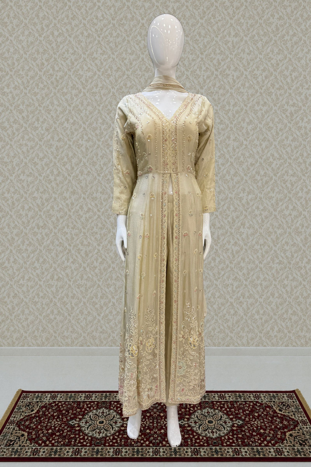Cream Beads, Sequins and Thread work Long Top with Straight Pant