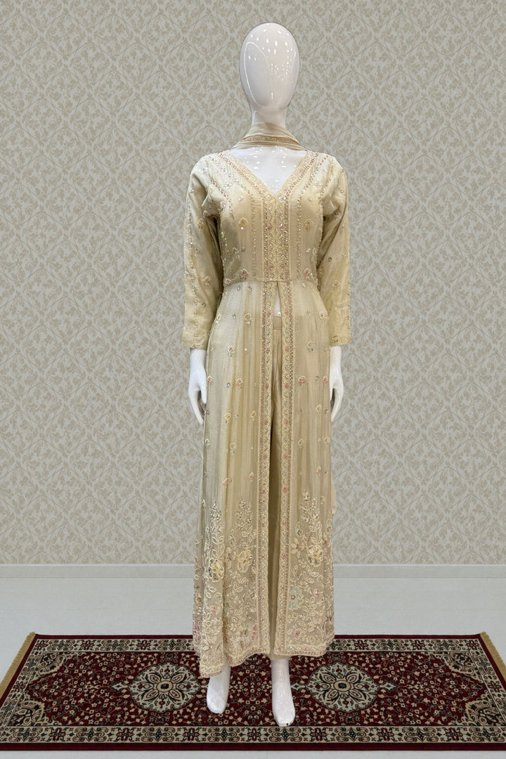 Cream Beads, Sequins and Thread work Long Top with Straight Pant