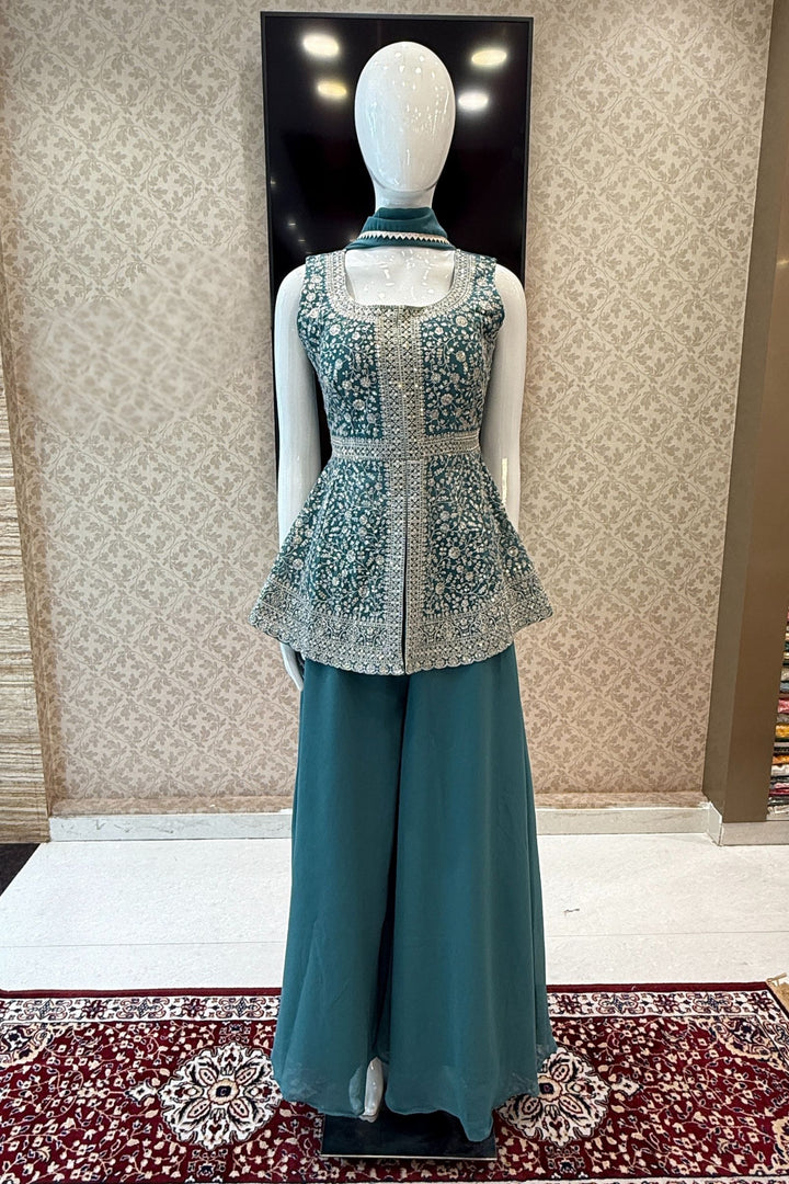 Sea Green Sequins and Zari work Peplum Top with Palazzo Suit Set