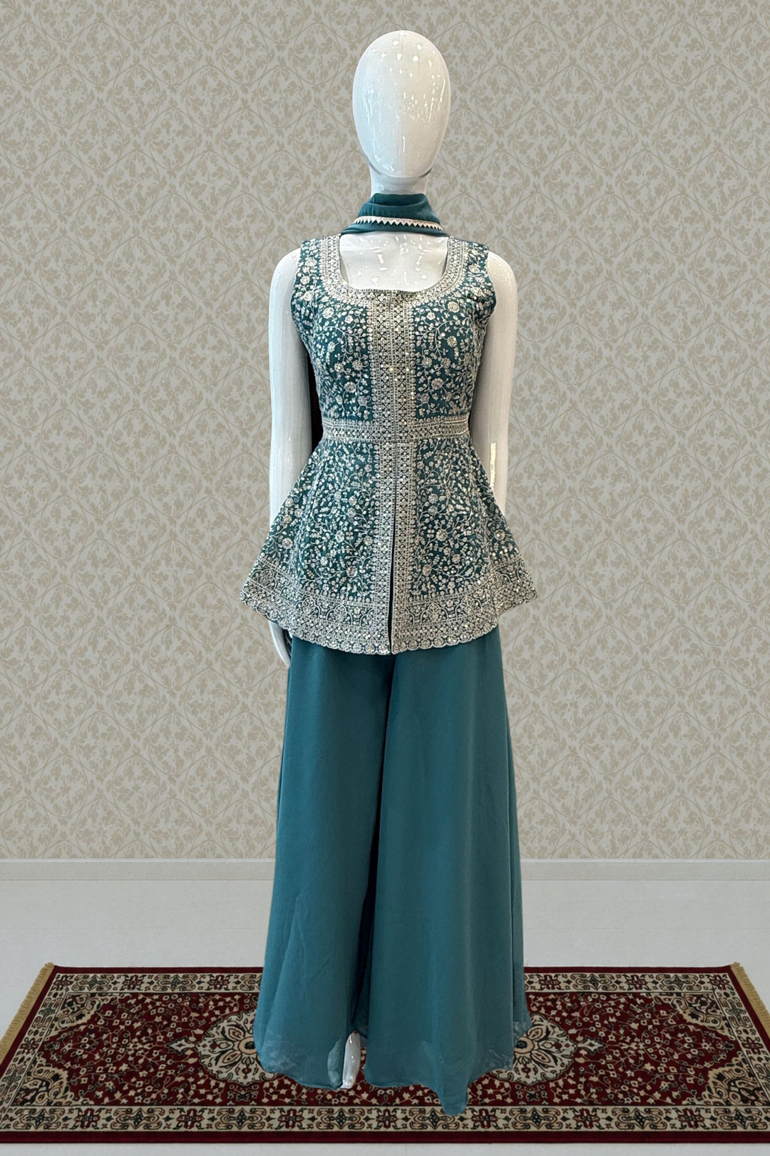 Sea Green Sequins and Zari work Peplum Top with Palazzo Suit Set