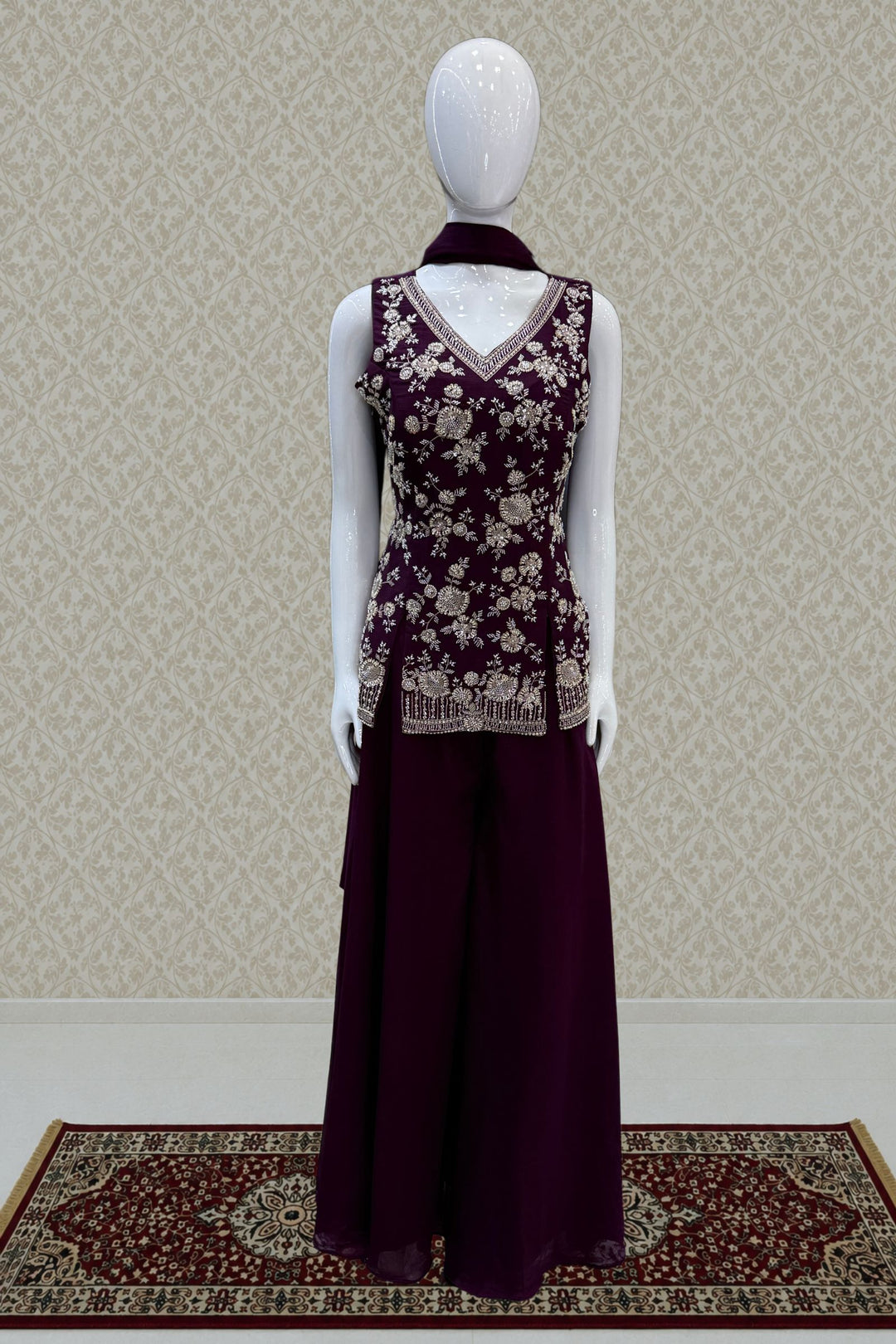 Wine Beads, Zari and Sequins work Palazzo Salwar Suit