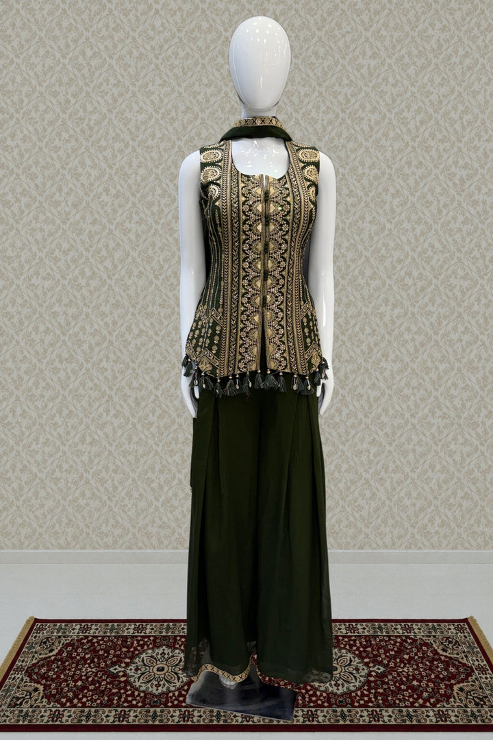 Bottle Green Palazzo Set Featuring All-Over Sequins, Zari, Stone and Beads