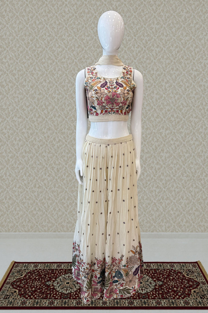 Half White Floral Embroidered Palazzo Set