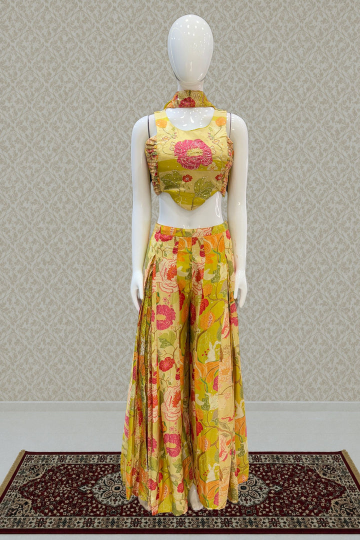 Liril Green Beads and Sequins work with Multicolor Digital Print Crop Top with Palazzo Pant